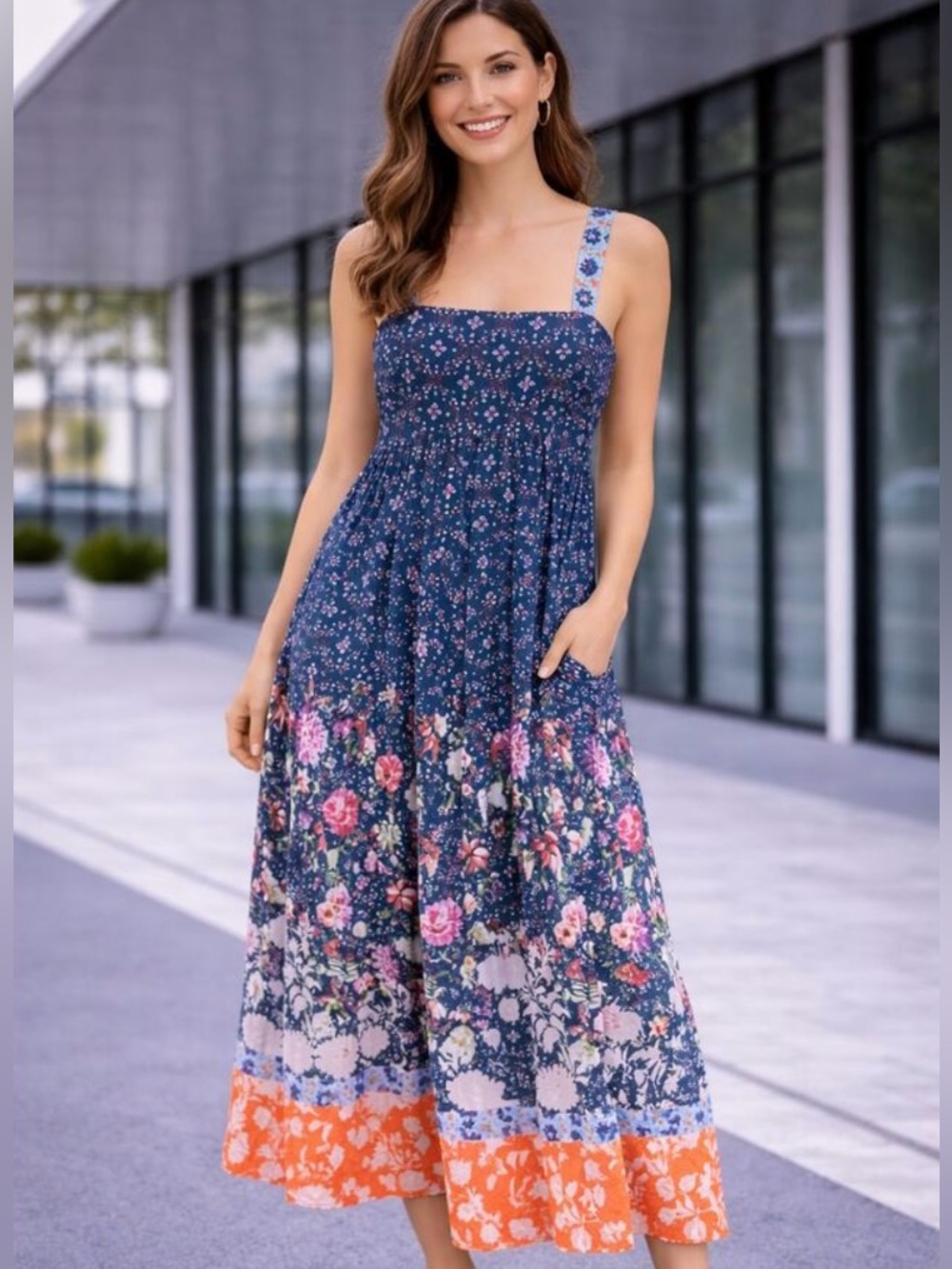 Maeve for Anthropology Floral Smocked Navy Maxi Dress with Orange Hem